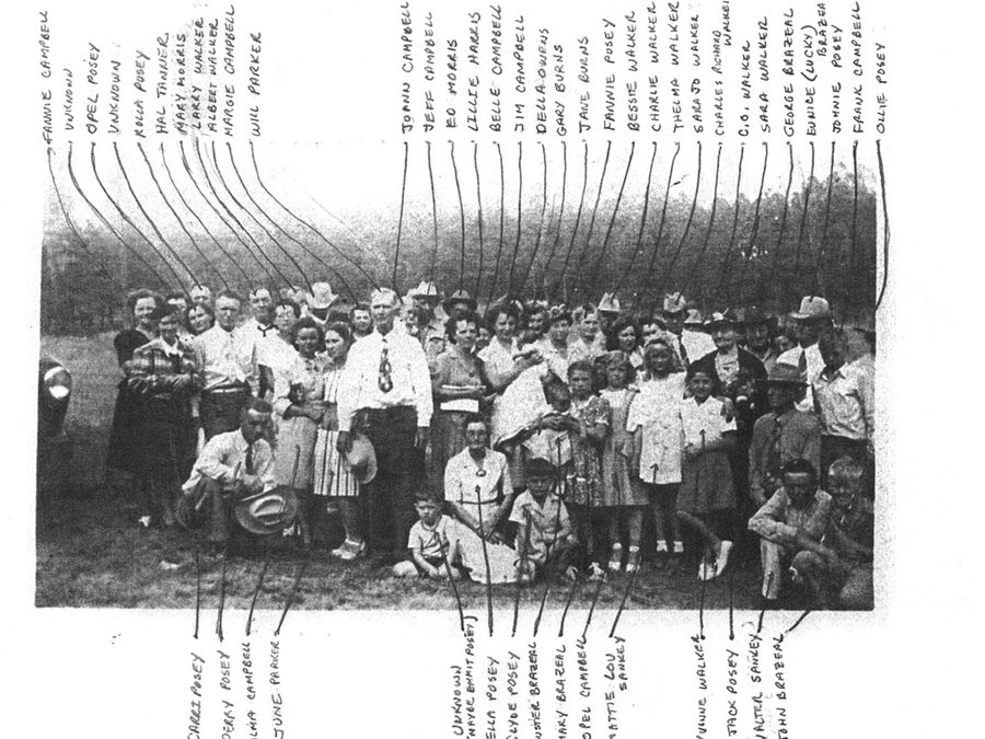 Extended Posey family gathering, including the Campbells and the Walkers. My great grandfather Andrew “Jack” Posey is on the right.